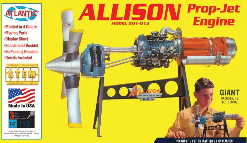 Atlantis Models - 1/10 Allison Model 501-D13 Prop-Jet Engine Plastic Model Kit, Skill Level 3 1