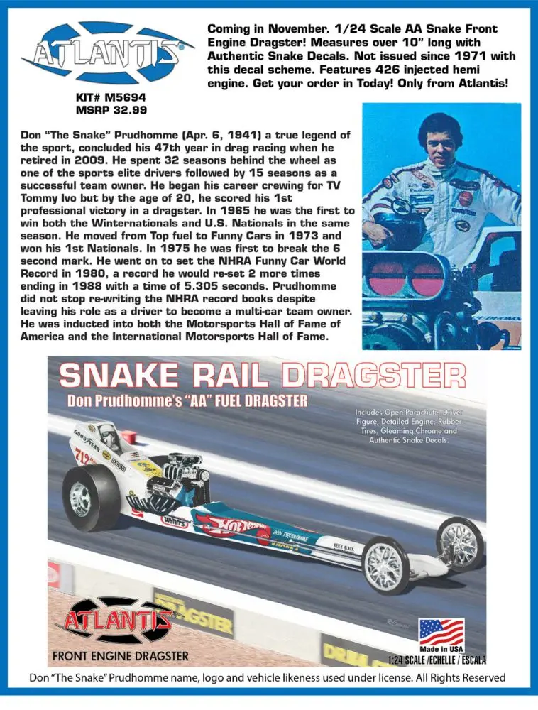 Atlantis Models - 1/24 Don The Snake Prudhomme Front Engine Dragster Plastic Kit 2
