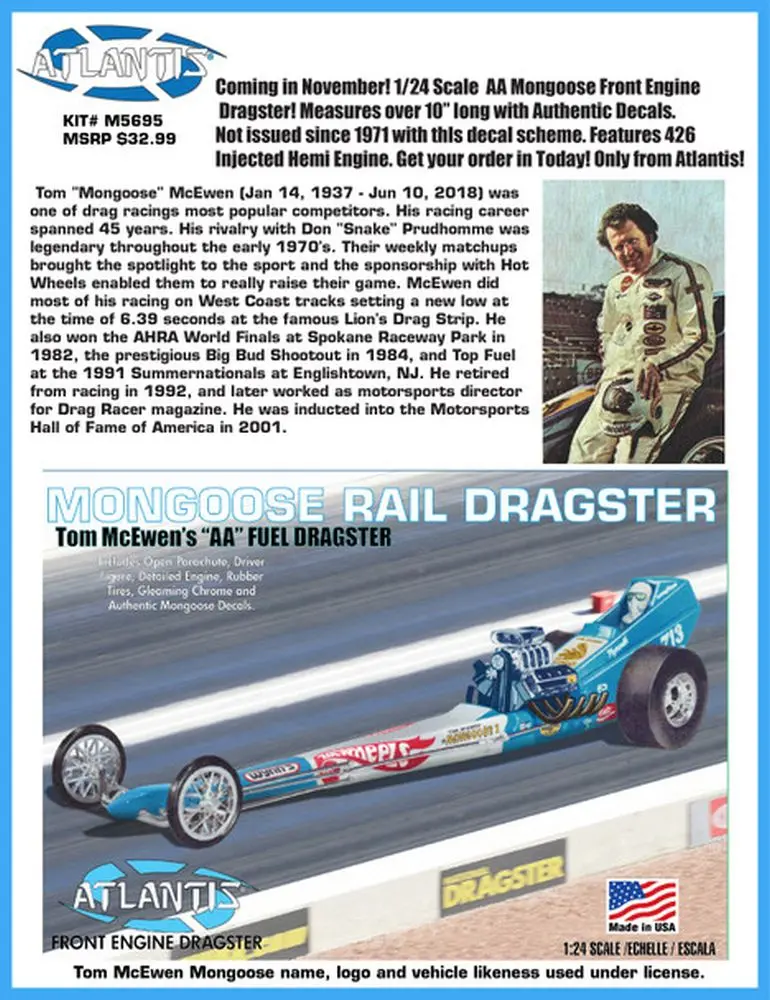 Atlantis Models - 1/24 Tom Mongoose Mcewen Front Engine Dragster Plastic Model Kit 2