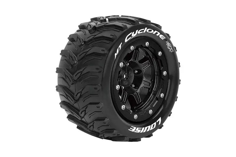 Louise R/C - Mft Mt-Cyclone 1/10 Monster Truck Tires, 1/2" Offset, 17Mm Hex, Soft, Mounted On Black Rim (2) 1