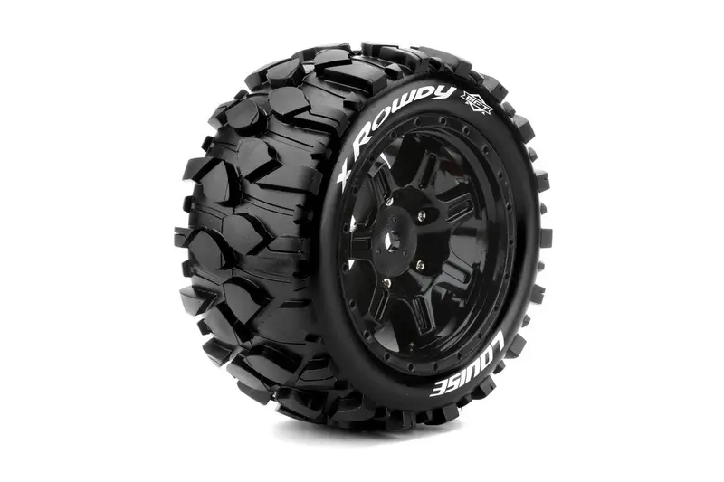 Louise R/C - Mft X-Rowdy Sport Monster Truck Tires, 24Mm Hex, Mounted On Black Rim (2), Fits X-Maxx 1