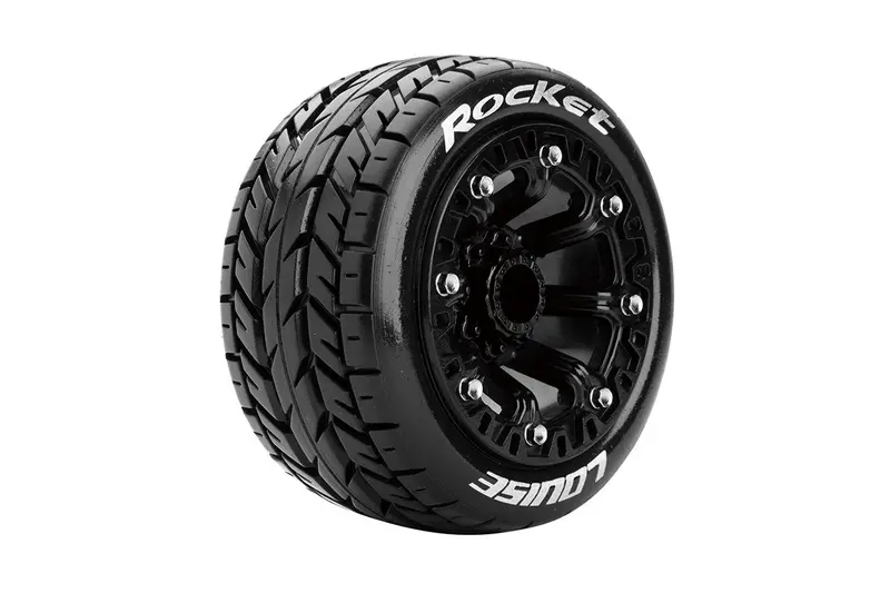 Louise R/C - St-Rocket 1/16 Stadium Truck Tires, 12Mm Hex, Soft, Mounted On Black Spoke Rim, Front/Rear (2) 1