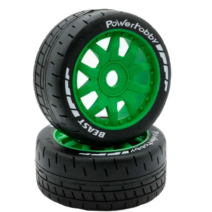 Power Hobby - 1/8 Gt Beast Belted Mounted Tires 17Mm Medium Green Wheels 1