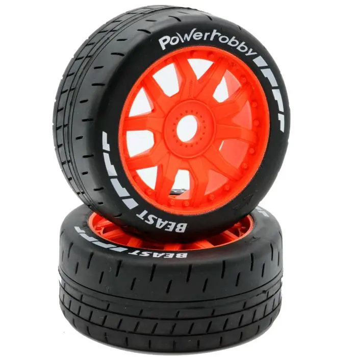 Power Hobby - 1/8 Gt Beast Belted Mounted Tires, Soft Compound, 17Mm Orange Wheels 1