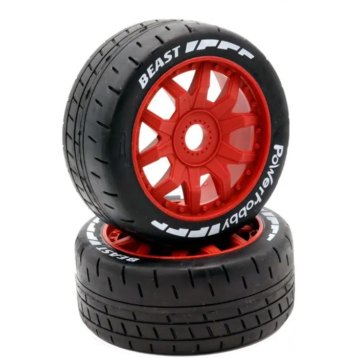 Power Hobby - 1/8 Gt Beast Belted Mounted Tires, Soft Compound, 17Mm Red Wheels 1