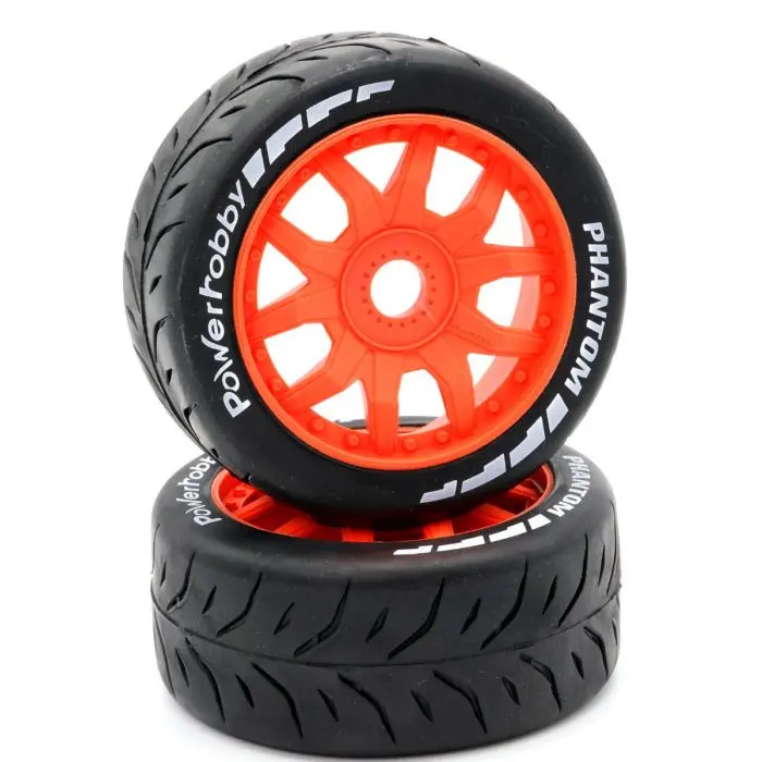 Power Hobby - 1/8 Gt Phantom Belted Mounted Tires, Medium Compound, 17Mm Orange Wheels 1