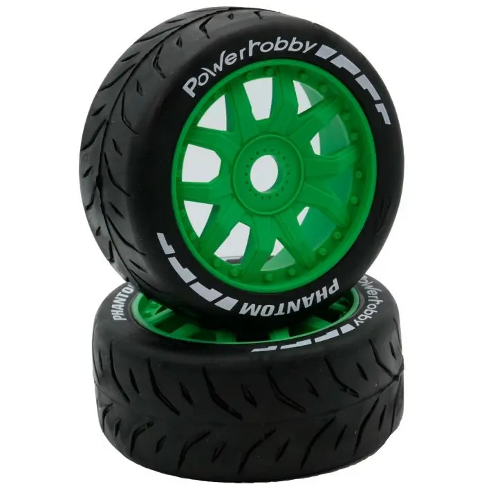 Power Hobby - 1/8 Gt Phantom Belted Mounted Tires, Soft Compound, 17Mm Green Wheels 1