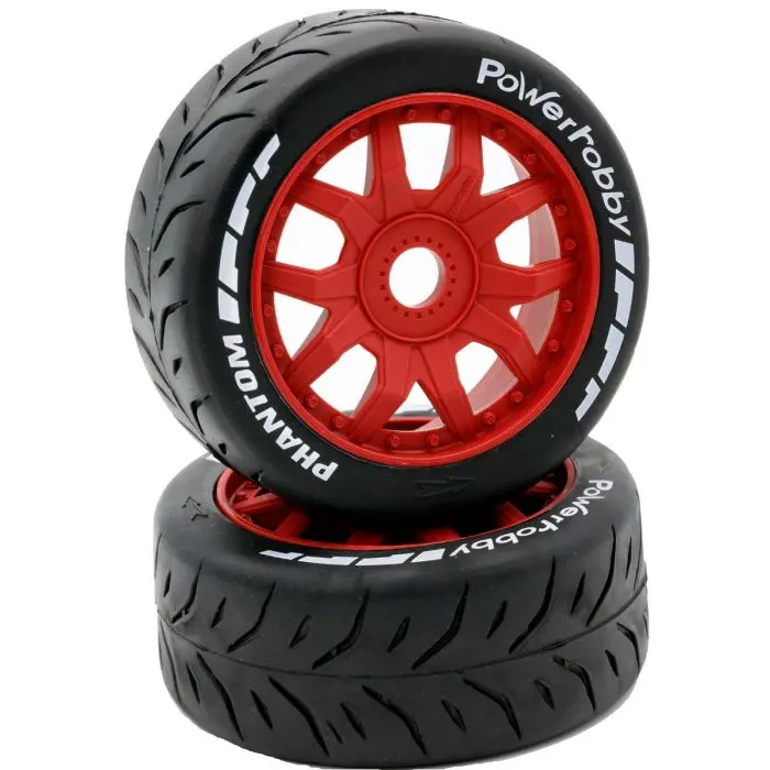 Power Hobby - 1/8 Gt Phantom Belted Mounted Tires, Soft Compound, 17Mm Red Wheels 1