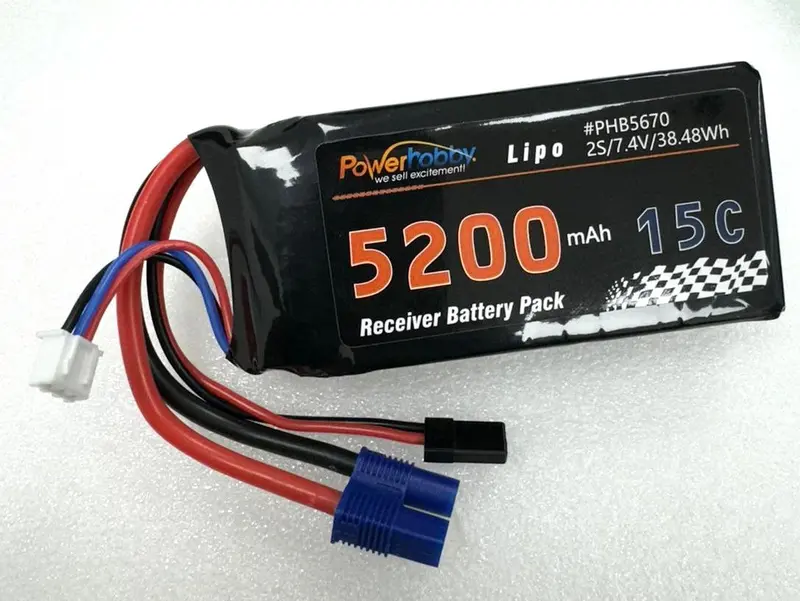 Power Hobby - 2S 5200Mah 15C Lipo Battery W/Ec3 & Jr Connector Receiver Pack 1