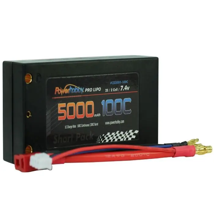 Power Hobby - 2S 7.4V 5000Mah 100C Shorty Lipo Battery, W/ 4Mm Bullet Connectors 1