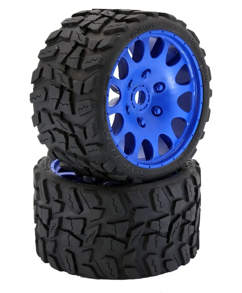 Power Hobby - Raptor Belted Monster Truck Tires / Wheels W 17Mm Hex (2) Sport-Blue 1