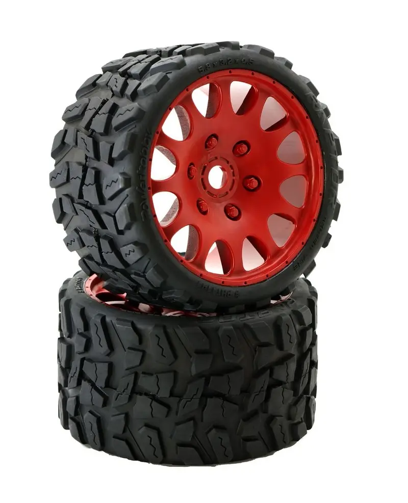 Power Hobby - Raptor Belted Monster Truck Tires / Wheels W 17Mm Hex (2) Sport-Red 1