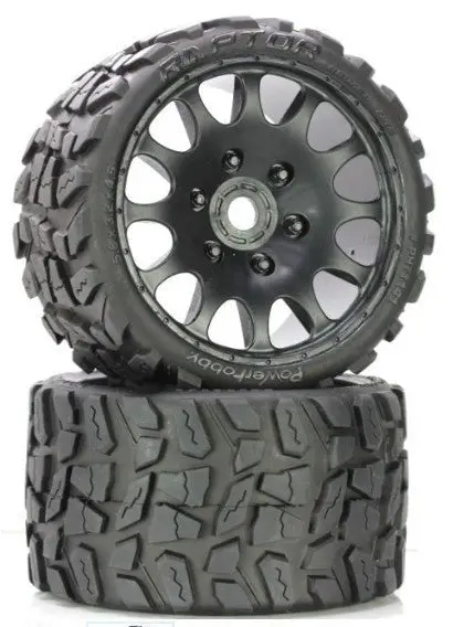 Power Hobby - Raptor Belted Monster Truck Wheels/Tires (Pr.), Pre-Mounted, Race Soft Compound 17Mm Hex 1