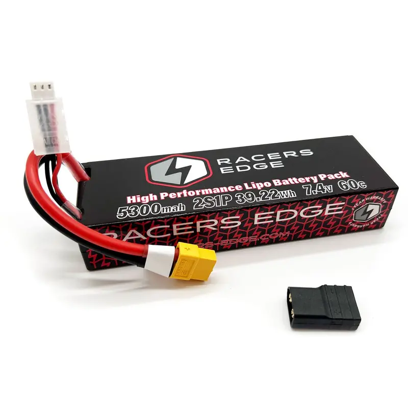 Racers Edge - 5300Mah 2S 7.4V 60C Hard Case Lipo Battery, Xt60 Plug With Trx Adapter 1