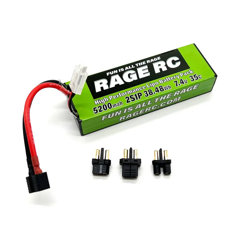 Rage R/C - 5200Mah 2S 7.4V 35C Hard Case Lipo Battery With Universal Connector Ec3, Xt60, T-Plug 1