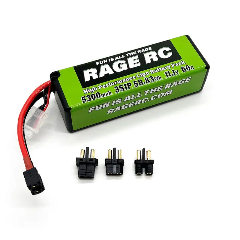 Rage R/C - 5300Mah 3S 11.1V 60C Hard Case Lipo Battery With Universal Connector Ec3, Xt60, T-Plug 1