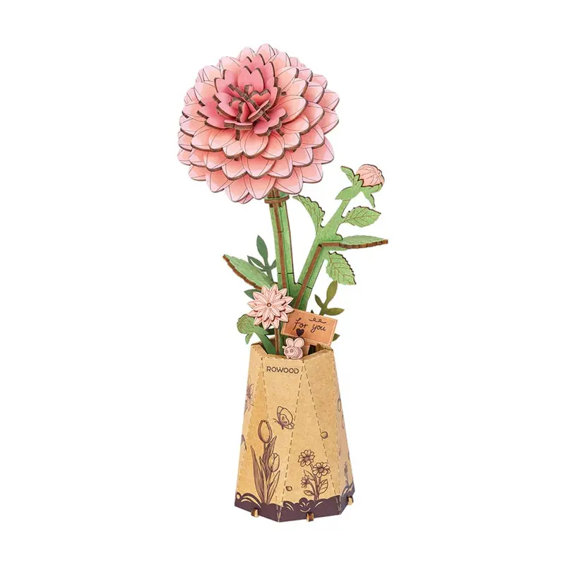 Robotime - Pink Dahlia Diy Wooden Flower 3D Puzzle 1