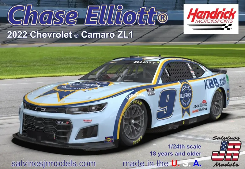 Salvinos Jr Models - 1/24 Scale Hendrick Motorsports Chase Elliott 2022 Camaro-Kelley Blue Book Model Kit 1