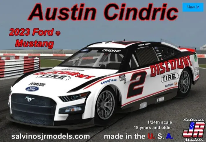 Salvinos Jr Models - 1/24 Scale Team Penske, Austin Cindric, 2023 Body, Ford Mustang "Discount Tire" Plastic Model Kit 1