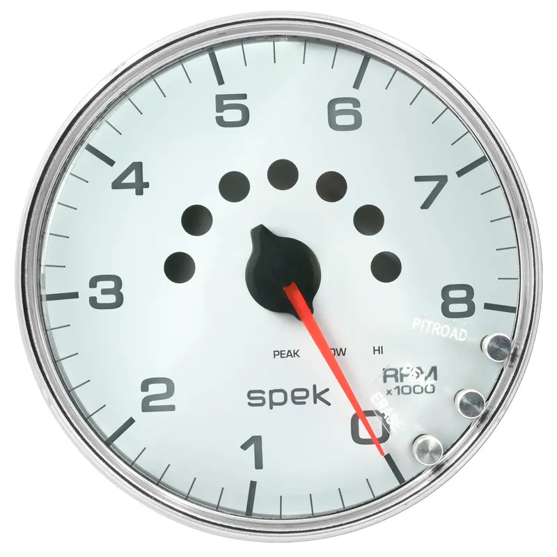 Autometer P23811 Spek-Pro Tachometer – 5" Dial, 0–8,000 Rpm, White/Chrome Face With Shift Light & Peak Memory 1